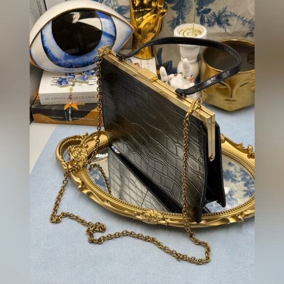 🆕 OROTON 🧿 NWOT Black Icon Frame Croco Clutch - Picture 9 of 16